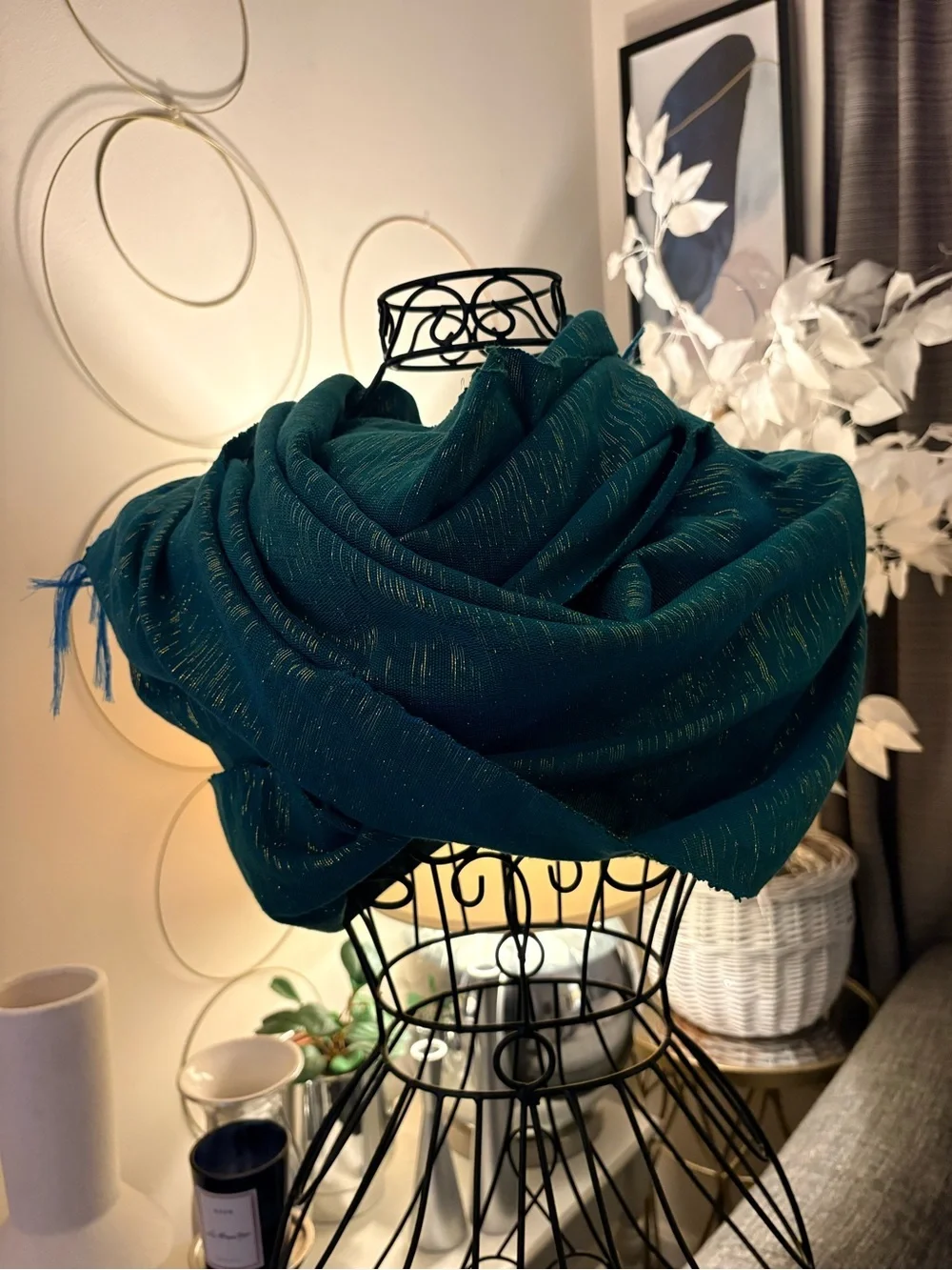 Textured Teal Woven Gold Metallic Thread Blue Fringe Wrap Scarf 21”x 65”